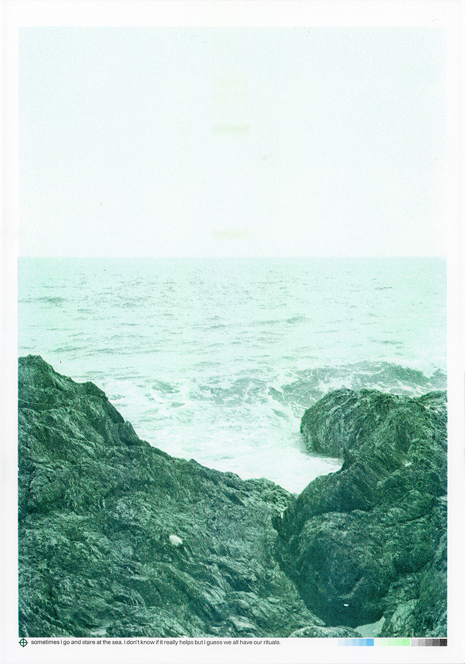 "risograph: sea. a two colour risograph print showing ocean waves roughly crashing on to rough rocks."  