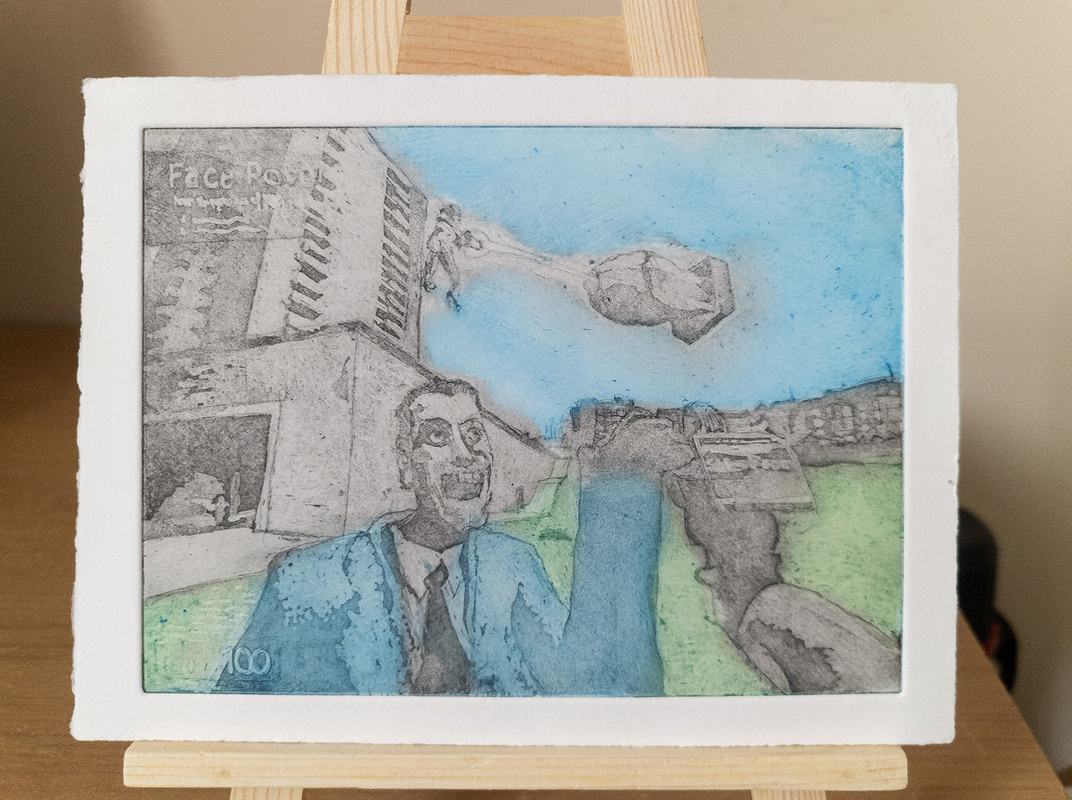 Etching of a garry's mod screenshot, showing a nuclear bomb behind the g-man, who's face is being manipulated